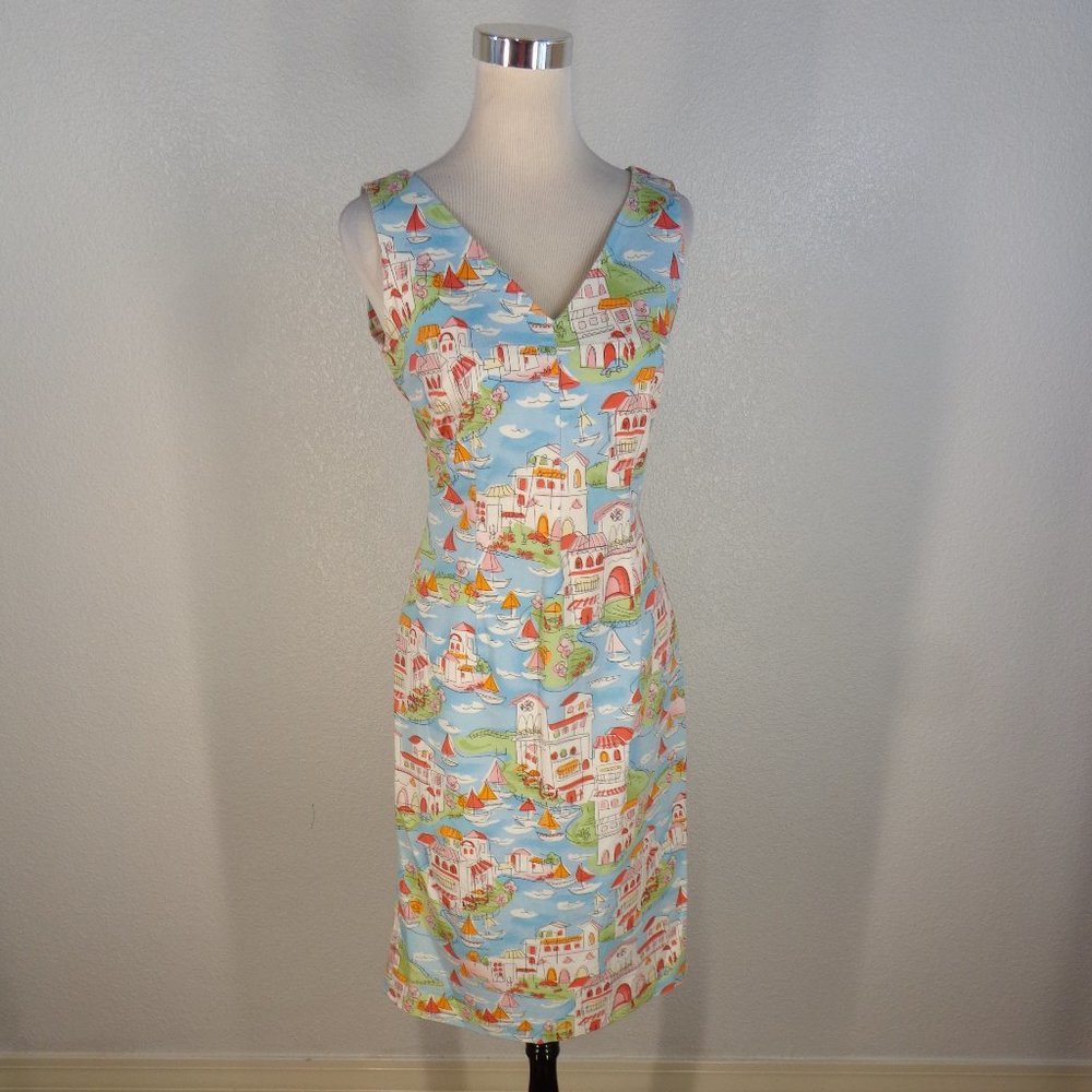 TALBOTS V-Neck Sailboat beach town sleeveless sheath dress V-Back sz 4 - Picture 2 of 6
